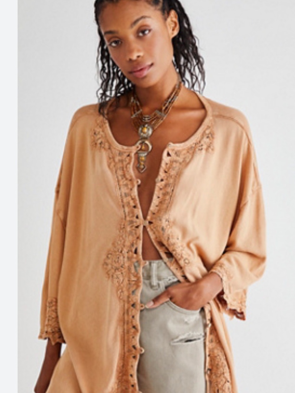 Free People Cream Crochet-Trim Button Front Top Lydia top